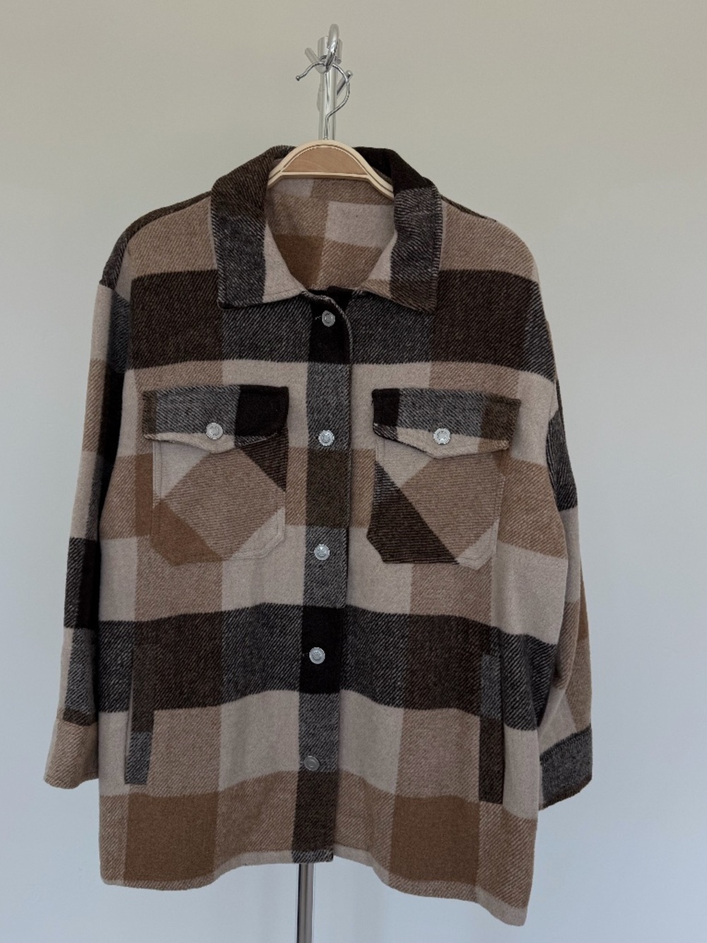 Plaid Shacket Jacket Beige Brown Black Button Front Size S